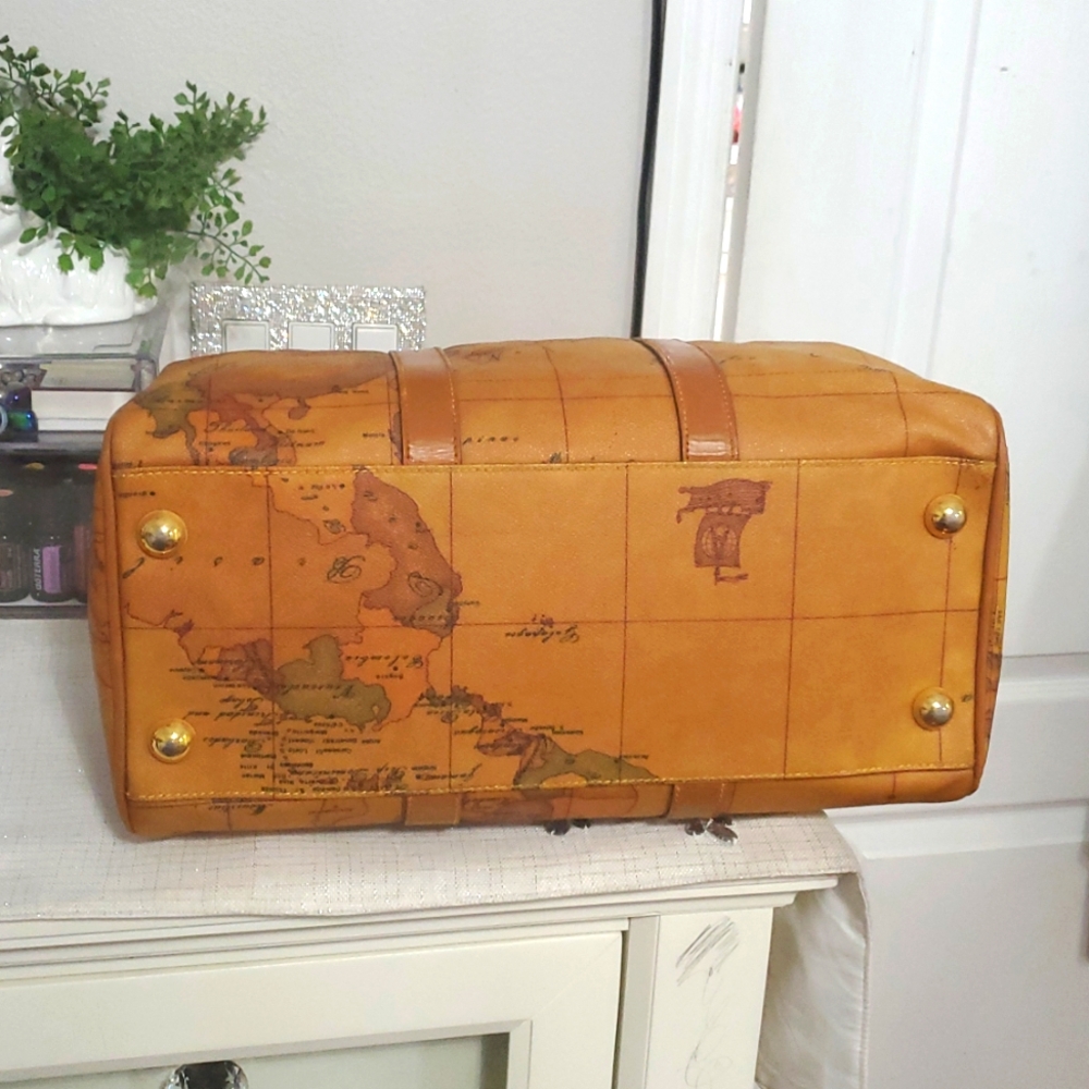 🇮🇹RAREALVIERO Martini Large Boston/speedy World Map Print Leather Duffel Bag🤎 - Picture 10 of 17